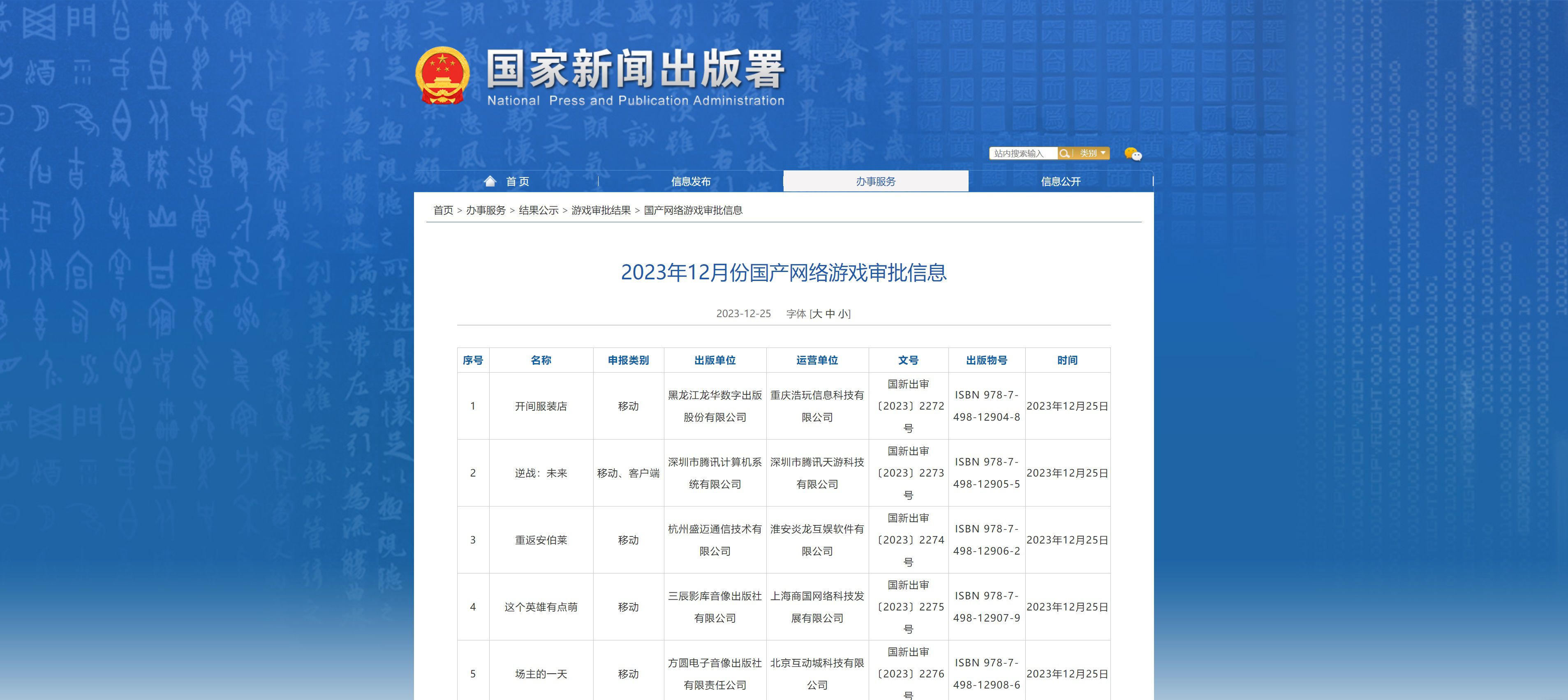 2023年12月份国产网络游戏审批信息，105款游戏过审